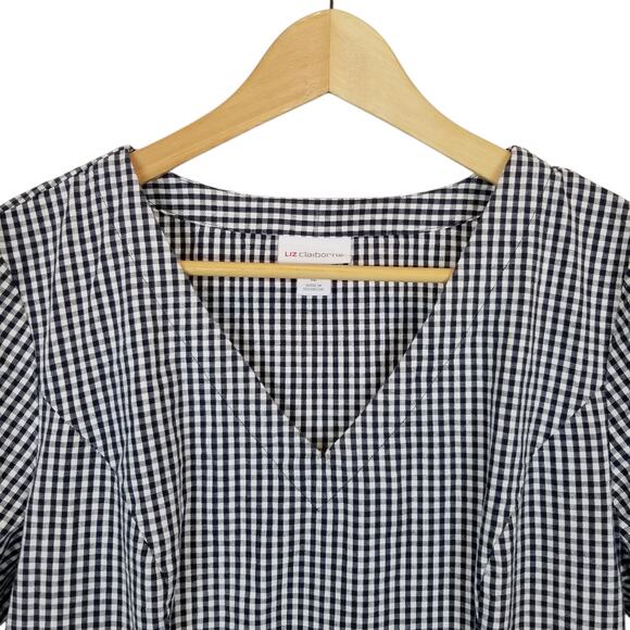 Liz Claiborne Navy Blue White Puff Short Sleeve Check Gingham Midi Dress Size 12 - Picture 4 of 7